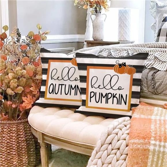 (Only Covers) Set of 4 Fall Pillow Covers 18x18 Hello Pumpkins Welcome Trucks - Picture 4 of 7